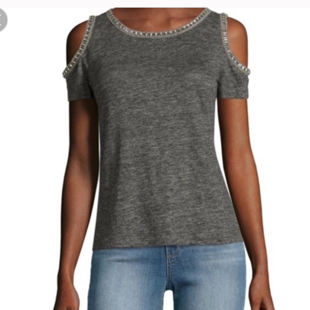 Generation Love Charcoal Cindy Grey Cold Shoulder Linen Tee Rhinestones